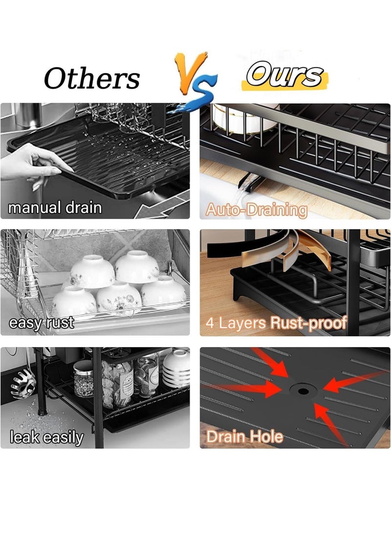 Toshionics 2-Tier Dish Drying Rack with Drainboard Tray, Rotatable Drainage System, Scratch-Resistant Frosted Baking Coating, Black T114616 - Image 5